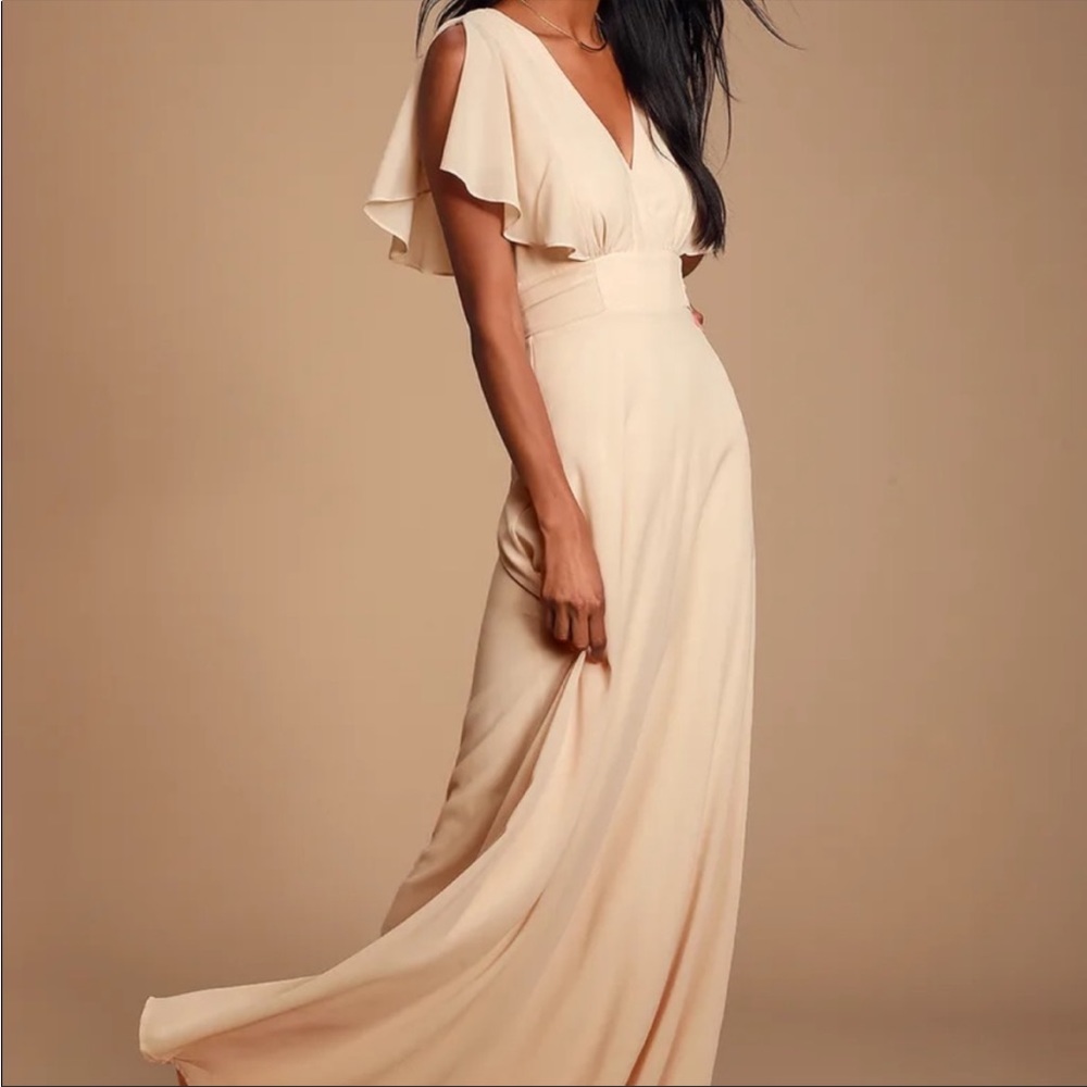 Lulus Dearly Loved Cream Flutter Sleeve Maxi Dress